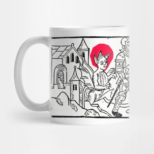 The Devil pursues the medieval knight who, despite his armor, is vulnerable to sin. Vintage drawing. Mug